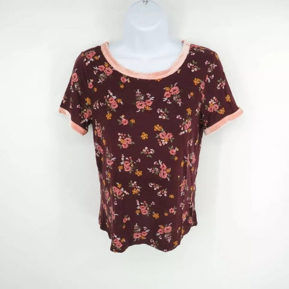 Ultra Flirt Floral Print T-Shirt Small Burgundy & Pink NWT